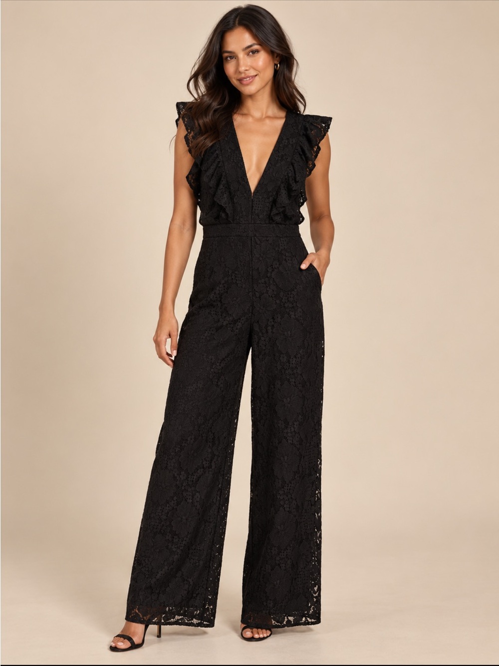 Lulus Women M Black Floral Lace Ruffle Wide Leg Formal Jumpsuit Plunge Neck